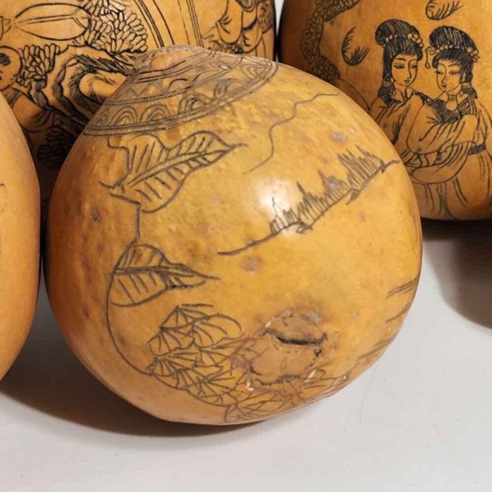 Handcrafted Etched Calabash Gourds Chinese Lanzhou Intricate Calligraphy Vintage - Picture 6 of 12